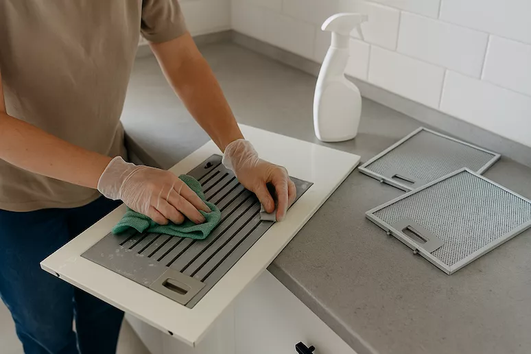 En person rengör noggrant köksfläkten och ventilationsgallret med en trasa och rengöringsmedel, medan delarna är demonterade och placerade på bänken